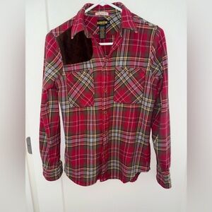 NWOT Ralph Lauren Rugby skinny fit flannel shooting shirt w/suede shoulder sz 6